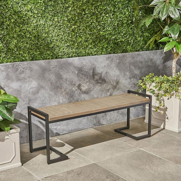 NAVA 54 in. Industrial Metal and Gray Finished Acacia Wood Outdoor Bench for Patio Garden