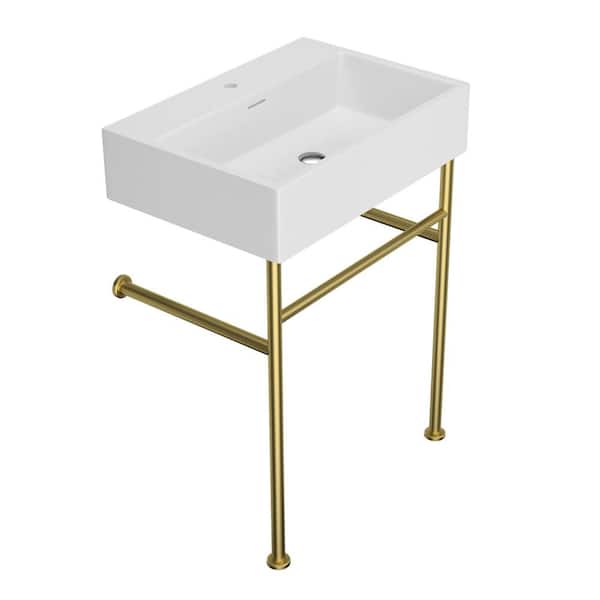 LORDEAR 24 in. x 16.5 in. Freestanding Ceramic Rectangular Bathroom Console Sink With Gold Support Legs