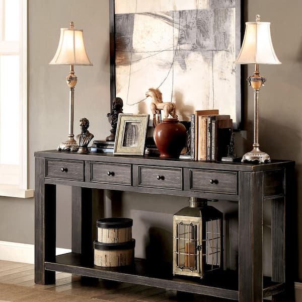 Furniture of America Alexis 64 in. Antique Black Standard Rectangle Wood Console Table with 4-Drawers