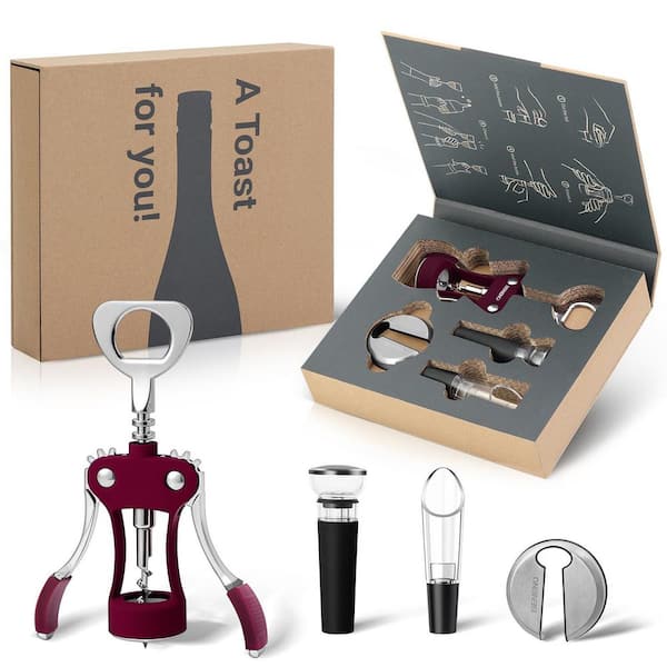 Multifunctional Wine Bottle Opener Gift Set, Wing Corkscrew, Foil Cutter, Vacuum Stopper and Aerator Pourer, Purple