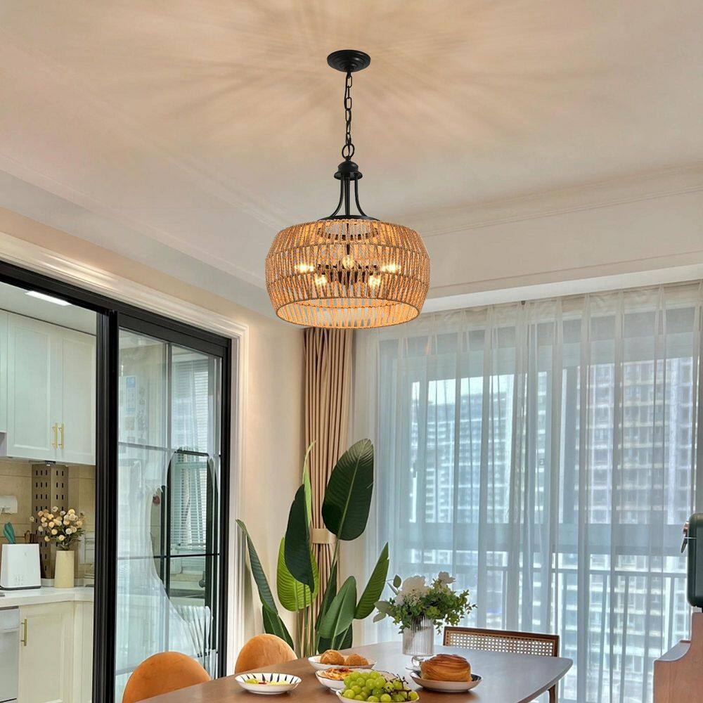 19 in. 5-Light Farmhouse Black Drum Chandelier with Natural Rope Shade price history on PriceWatchPro