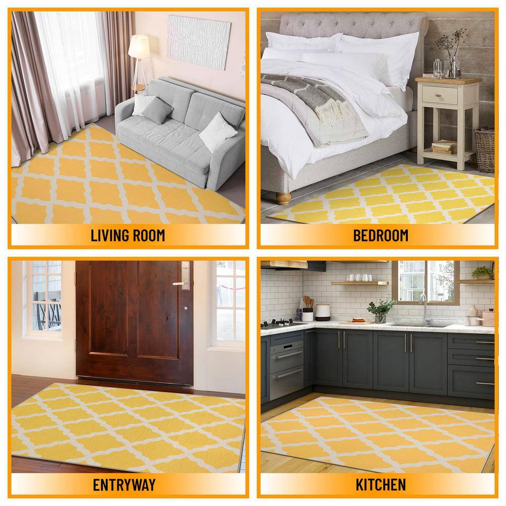 Yellow and White Moroccan Trellis Washable Kids Rug