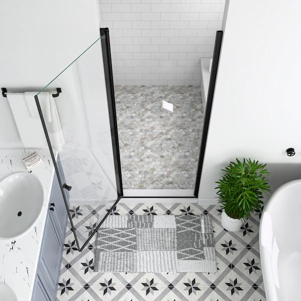 34 in. W x 72 in. H Space Saving Pivot Semi-Frameless Swing Shower Door in Black Finish in 1/4 in. Clear Tempered Glass