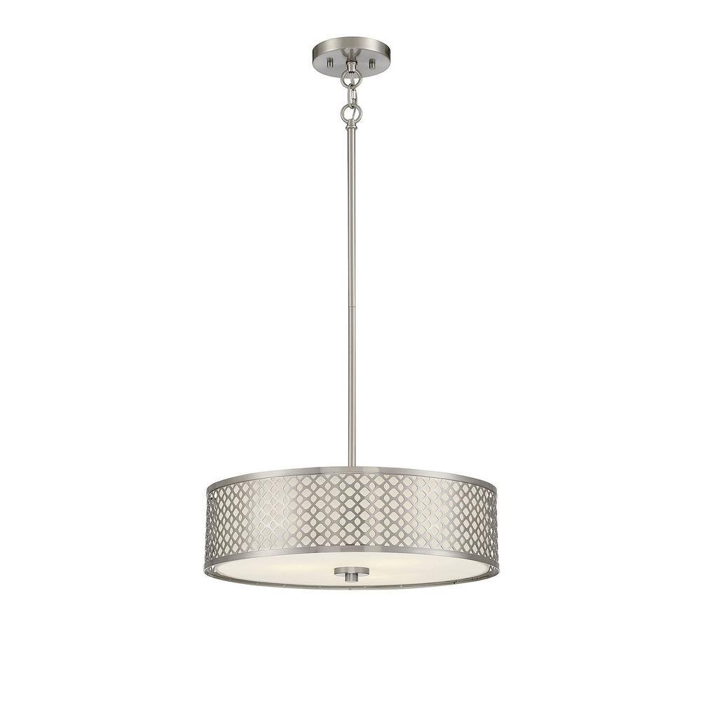 Brushed Nickel 3-Light Drum Pendant with White Fabric Shade