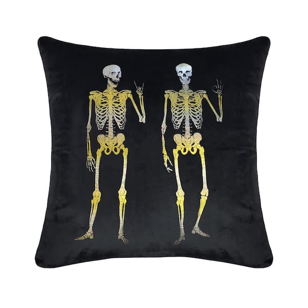 Edie@Home Black Throw Pillow Velvet Rocker Skeletons Decorative 18 in. x 18 in.