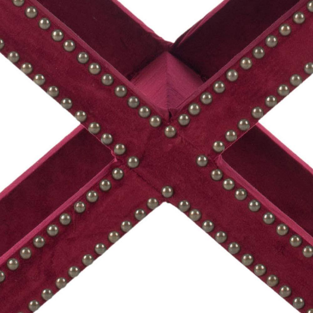 Palmer Red Velvet Ottoman with Brass Nailhead Trim