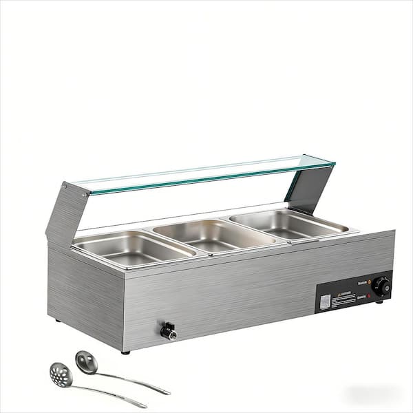 Commercial Food Warmer, 1500W Electric Stainless Steel Steam Warmer with Glass Lid, 3-Pan Countertop Buffet Bain Marie