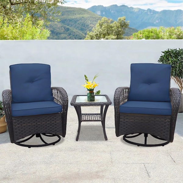Sudzendf 3 -Piece Wicker Outdoor Patio Conversation Set with Navy Blue Cushions, Rocking Chair with Glass Top Side Table