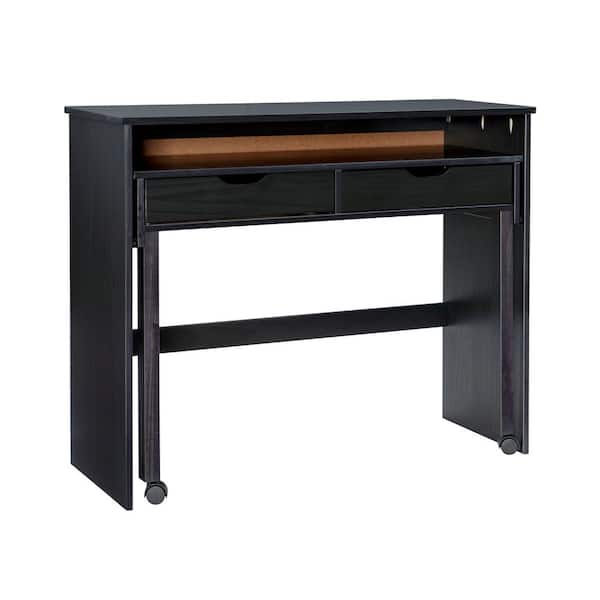 Linon Home Decor McLeod 42.13 in. W Rectangular Black Wood 2-Drawer Extendable Console Writing Desk with Casters