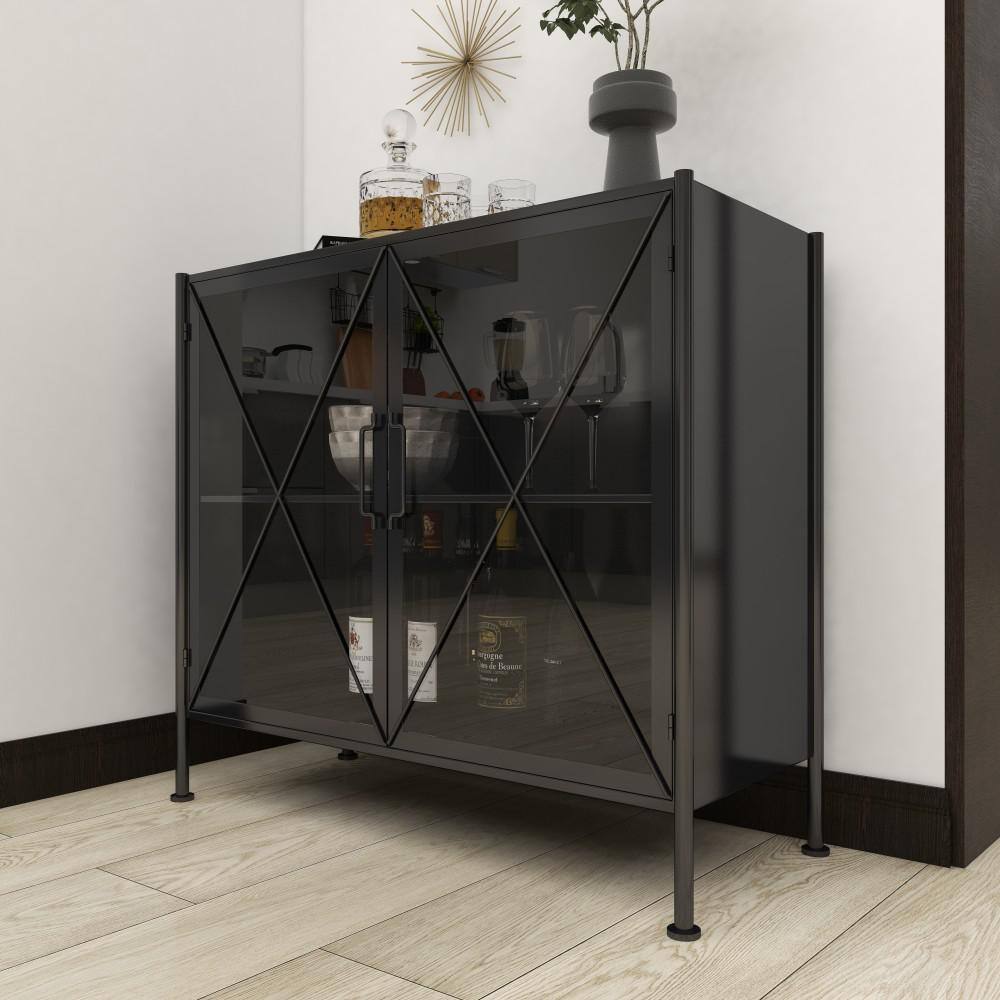 Black Metal Geometric Cabinet with Glass Panels