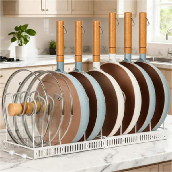 Freestanding Iron Expandable Pot Rack, 10 Adjustable Compartments, U-Groove for Pans and Lids, in White