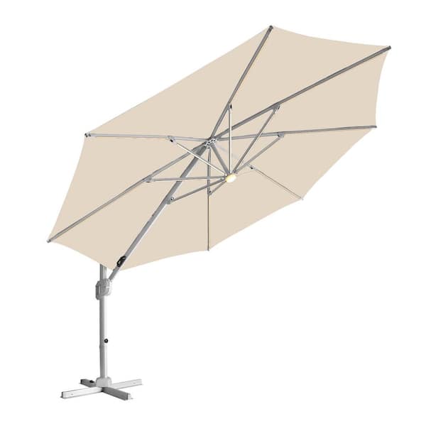 PASAMIC 12 ft. Aluminum Patio Offset Umbrella Cantilever Umbrella, Center light And Strip Lights in Beige