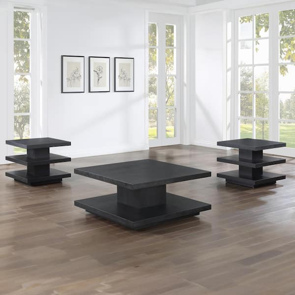 Canyon 38 in. Black Square Wood Coffee Table and 2 End Tables (3 Pieces)