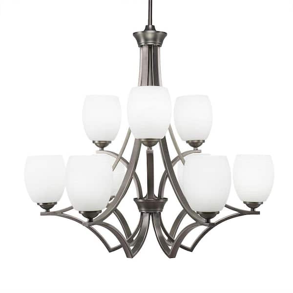 Unbranded Clevelend 9-Light Graphite Chandelier, Round Chandelier with 5 in. White Linen Glass Shades, No bulbs included