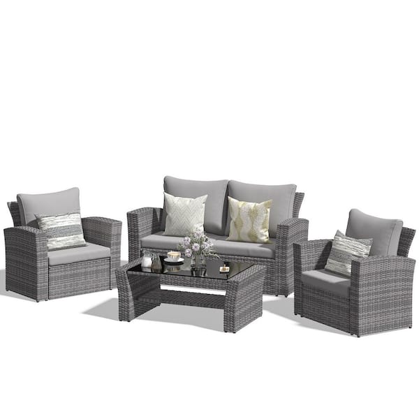 4-Piece PE Rattan Wicker Outdoor Patio Furniture Set in Grey