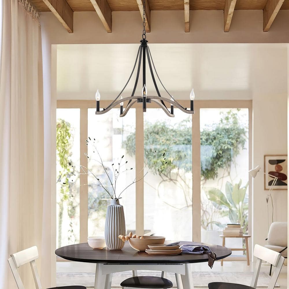Cambria 28" Black and Cedar Wood Style Candle Chandelier