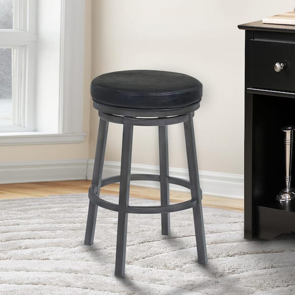 Armen Living Tilden 26 in. Counter Height Metal Swivel Backless Bar Stool in Ford Black Faux Leather and Mineral