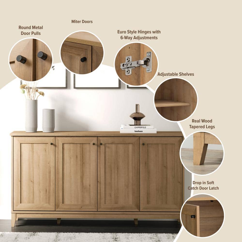 Oak 4-Door Shaker Style Storage Cabinet with Adjustable Shelving