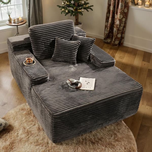 Allwex JOJO 67 in. Wide Square Arm Plush Corduroy Modern Rectangle Lazy Sofa Chaise with Pillows in Gray for Living Room