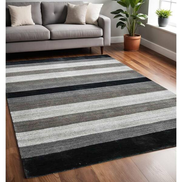 5 ft. x 8 ft. Black And Gray Wool Striped Hand Woven Area Rug