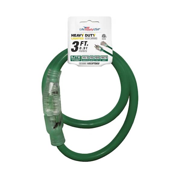 LifeSupplyUSA 3 ft. 10/3 SJTW 15 Amp 125-Volt 1875-Watt Dark Green Indoor/Outdoor Heavy-Duty with Lighted End Extension Cord