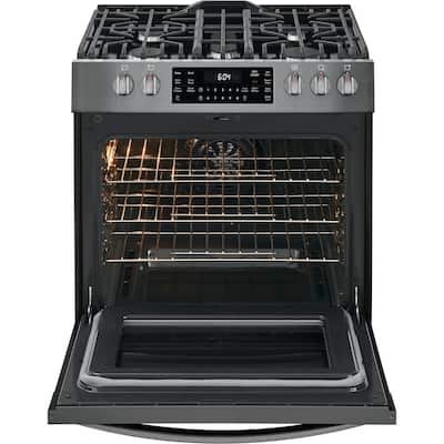 30 in. 5.6 cu. ft. Front Control Gas Range with Air Fry in Black Stainless Steel