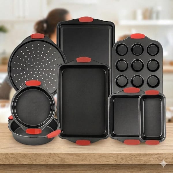 Baking Pan Set-Nonstick Carbon Steel with Red Silicone Handles, Oven Safe Tray (Up To 450° F) Set of 8-Black