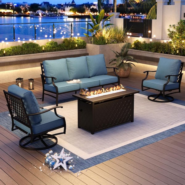 PHI VILLA Black Metal Meshed 5 Seat 4-Piece Steel Outdoor Fire Pit Patio Set with Denim Blue Cushions, Rectangular Fire Pit Table