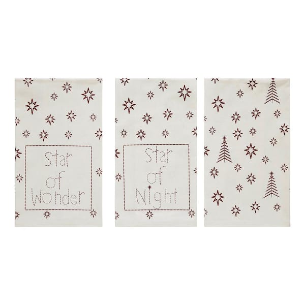 Star of Wonder Cream Burgundy Seasonal Primitive Christmas Cotton Kitchen Tea Towel Set (Set of 3)
