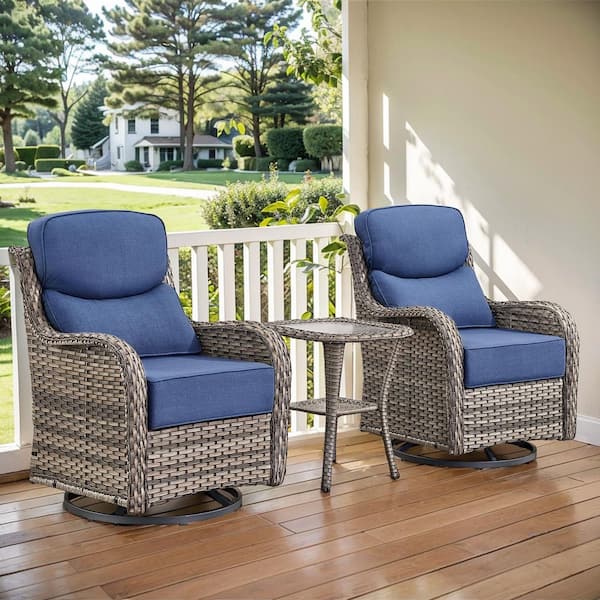 Arcadia Gray 3-Piece Wicker Swivel Rocker Patio Conversation Set with 6 in. Thick Navy Blue Cushions and Side Table