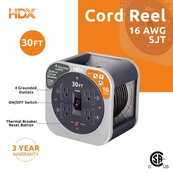 HDX 30 ft. 16/3 Extension Cord Reel with 4 Grounded Outlets and