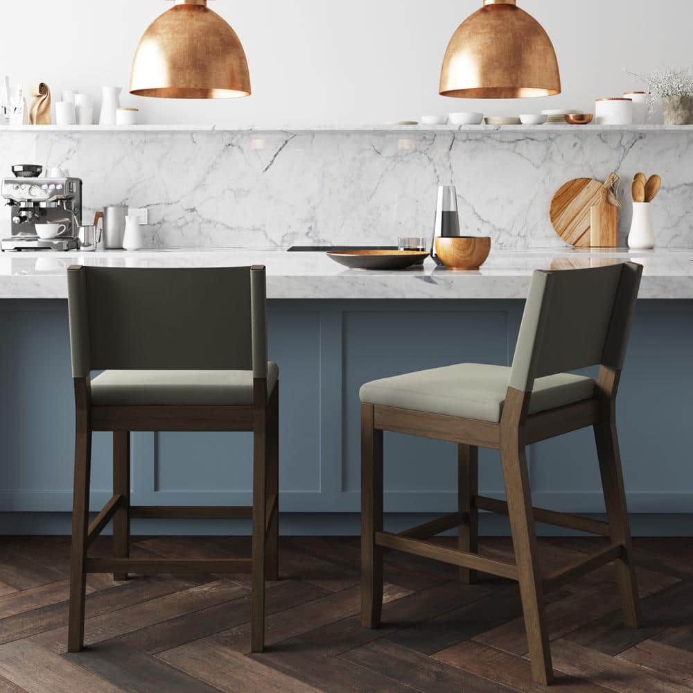 Linus Light Gray Upholstered Counter Height Bar Stools with Dark Brown Wood Legs, Set of 2