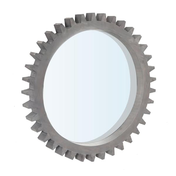 Unbranded Antique Dark Brown 26 in. x 26 in. Wood Round Hanging Gear Shape Decorative Mirror