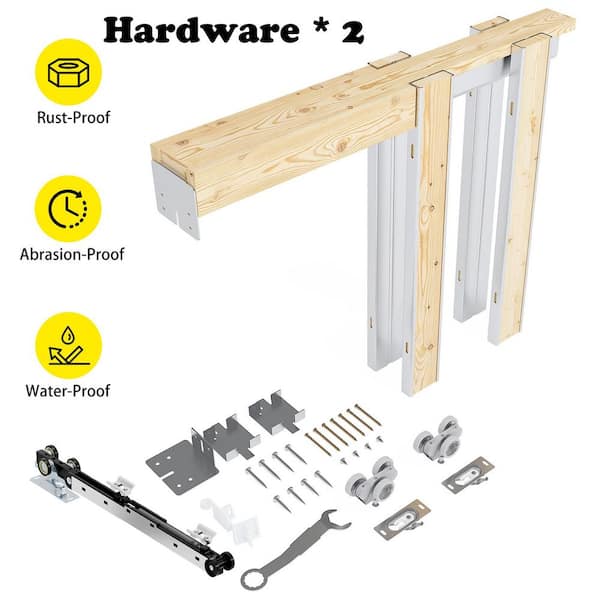 48 in. x 80 in. White Primed 3-Panel Core Pine Wood Sliding Pocket Door with Soft Close, Frame and Hardware Kit Set