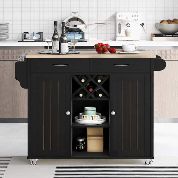 Amucolo Black Kitchen Island Cart with 2-Storage Cabinets and 4-Locking Wheels, Drawers, Rack Towel Rack Spice Rack