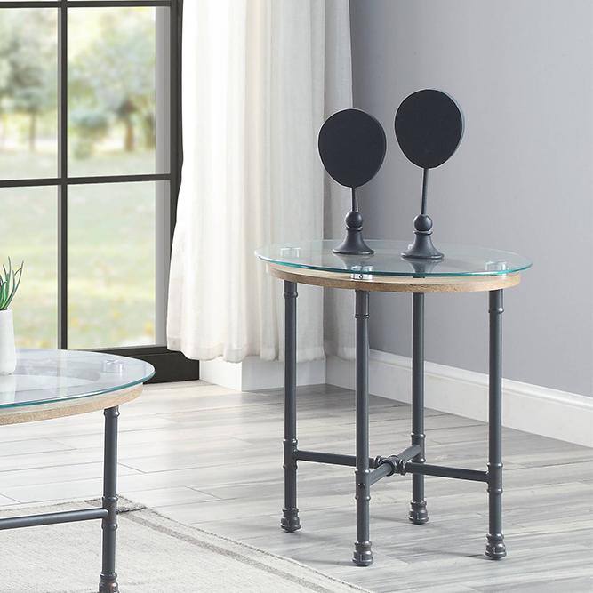Brantley 22" Industrial Round End Table with Glass Top and Wooden Shelf