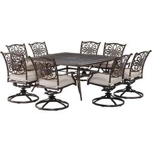 Renditions 9-Piece Aluminum Outdoor Dining Set with Sunbrella Silver Cushions, 8 Swivel Rockers and 60 in. Table