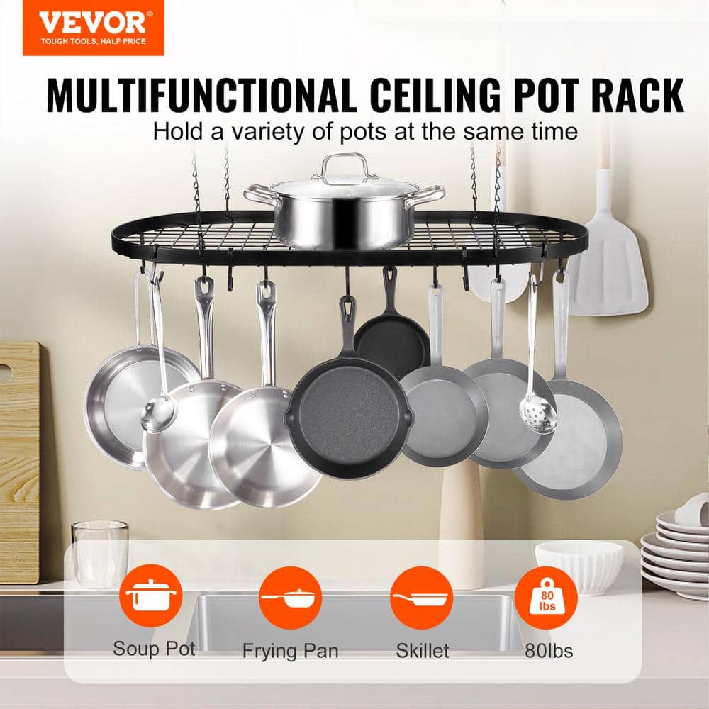 Black Carbon Steel Ceiling Mounted Pot Rack with 12 Hooks