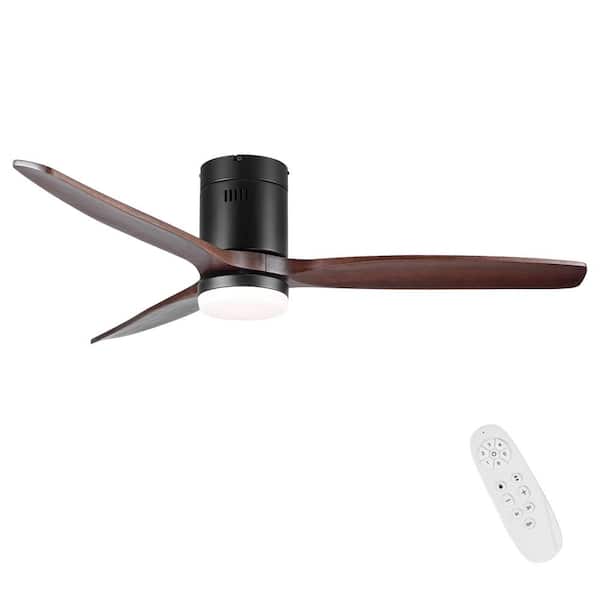 YUHAO 52 in. Indoor Black Low Profile Solid Wood Ceiling Fan with Integrated LED Light Kit, Remote Included