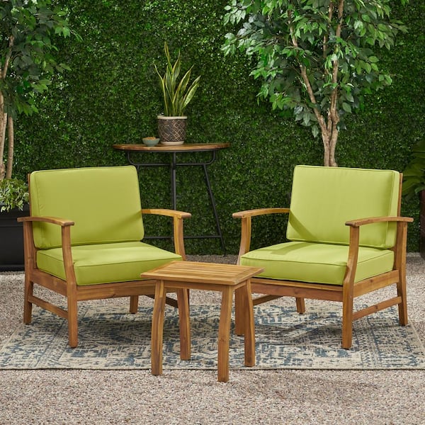Perla Teak Brown 3-Piece Wood Patio Conversation Seating Set with Green Cushions