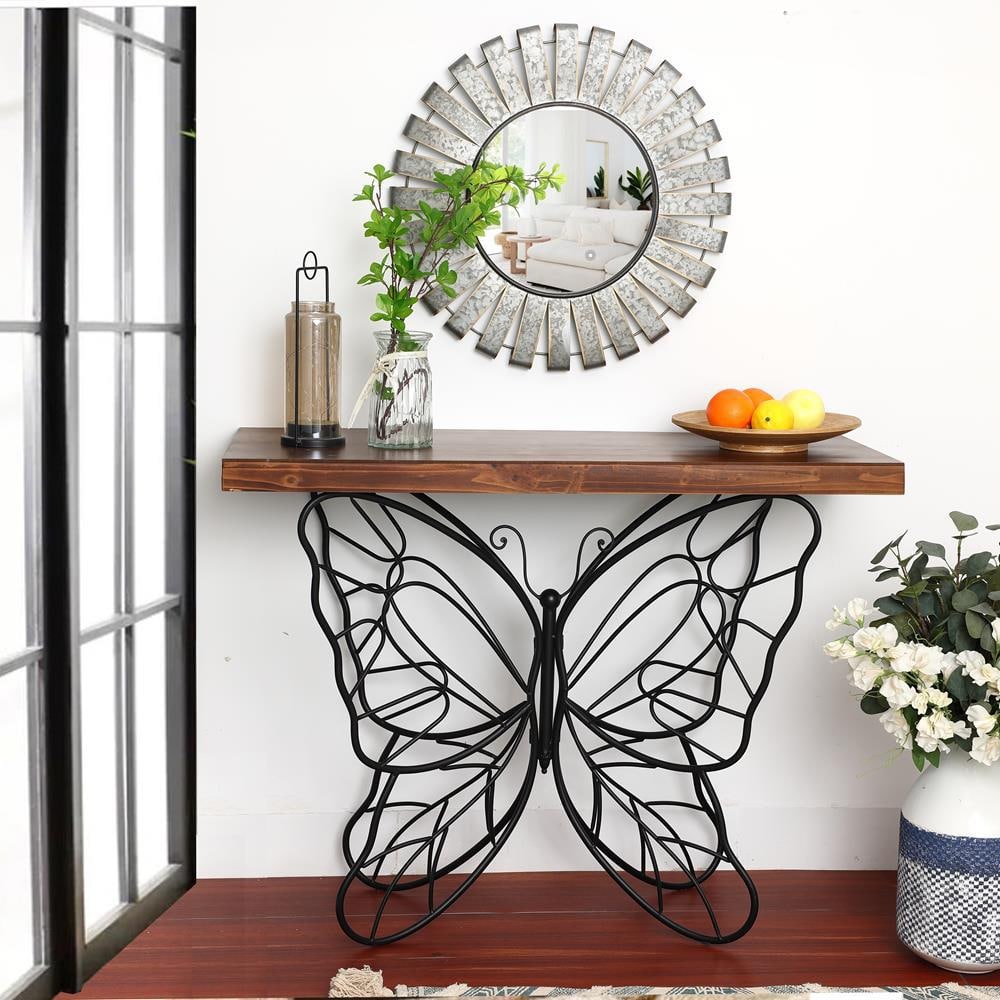 Dark Maple & Black Metal Butterfly Accent Console Table with Storage