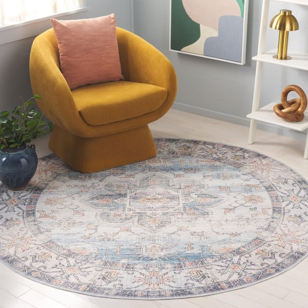 Arizona 6 ft. x 6 ft. Ivory/Light Blue Machine Washable Distressed Border Ornate Round Area Rug