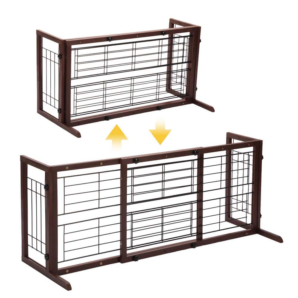 Expandable Brown Solid Wood Freestanding Pet Gate with Wire Mesh
