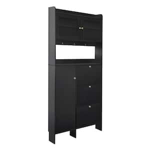 82 in. H x 39.2 in. W Black Shoe Storage Cabinet with 3-Flip Drawers, Hooks and Tempered Glass Doors