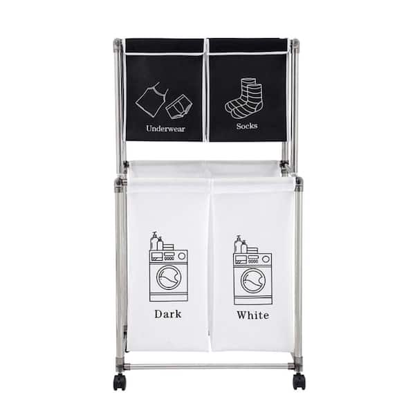 Anky Black/White Fabric and Aluminum Laundry Hamper Basket, 2-Tier with Removable 4-Bag Laundry Sorter with 4 Wheels