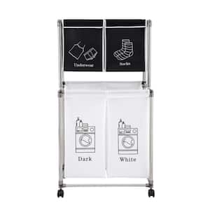 Anky Black/White Fabric and Aluminum Laundry Hamper Basket, 2-Tier with Removable 4 Bag Laundry Sorter with 4 Wheels