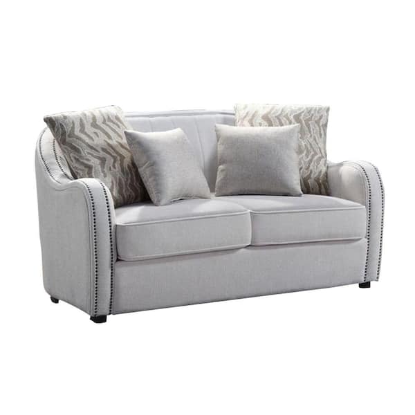 Benjara 63 in. White Solid Fabric 2-Seater Loveseat with Rounded Back and Nailhead Trim