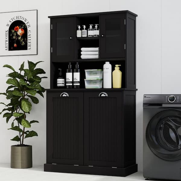 Lamont Black Wood 59.7 in. Tilt-Out Laundry Hamper and Upper Storage Cabinet with 2 Doors and 2 Adjustable Shelves
