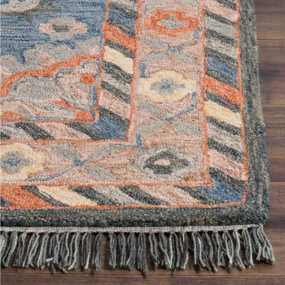 Handmade Rustic-Chic Blue Floral Wool Runner Rug - 27in x 5in