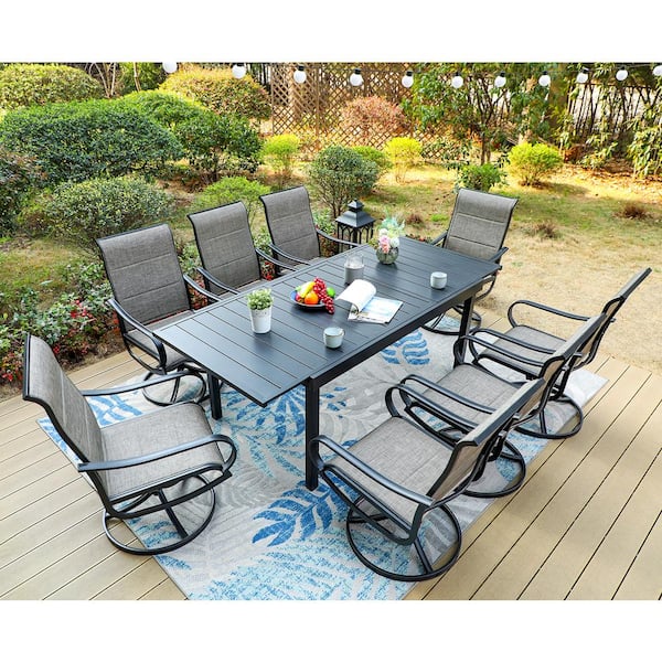 Black 9-Piece Metal Outdoor Patio Dining Set with Extendable Table and Padded Textilene Swivel Chairs
